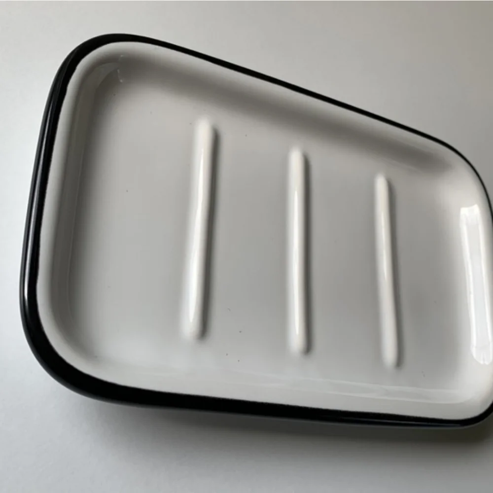 Hearth And Hand White Glazed Stonware Soap Dish with Black Trim
